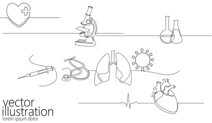 Single continuous line set science medicine microscope. Human heart lungs virus micro technology business design one sketch outline drawing vector illustration art