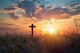 Fototapeta  - a cross standing in the field at sunset,, Easter theme, Good Friday