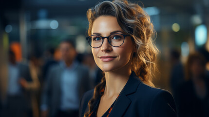 Wall Mural - Close Portrait of a caucasian Business Woman with glasses and long curved hair and blue jacket with a blurry office in background