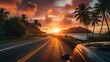 Car on the road with palm trees and a sunrise view