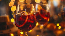 Hot Red Wine In Glasses With Orange Slice Cinamon