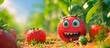 A 3D animated strawberry character with big eyes in a sunny garden setting, ample copyspace at the top.