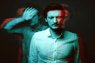 blurred portrait of a sad man in depression with schizophrenic and mental disorders with blur on a dark background with a glitch effect