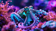 Octopus with neon violet and pink marbled skin moves among coral in an ocean shallow. Big monster creature with tentacles whip around as it scuttles through the aquatic landscape.