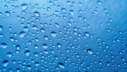  Close-up blue water drops, detail of blue surface water-repellent on glass for background. raindrop waterdrops with selective focus
