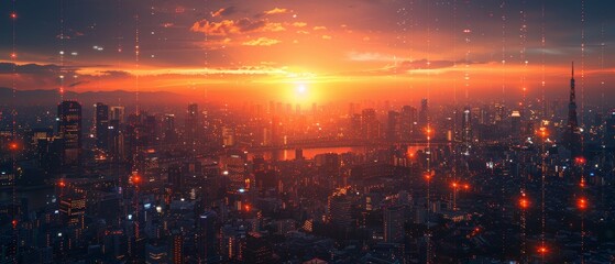 Fototapete - Cityscape aerial view showing smart services and icons, internet of things, networks and augmented reality concept, early morning sunrise scene.