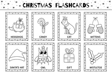 Sticker - Christmas flashcards black and white collection for kids. Flash cards set with cute winter characters in outline for coloring. Learning to read activity for children. Vector illustration