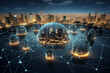 Illuminated urban skyline inside protective domes at night, cyber security concept