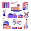 set of vector flat icons for european countryside travel