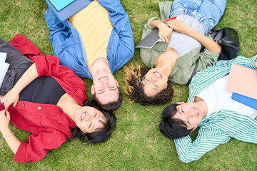 Poster - Multinational people lying on the grass and looking up at the sky