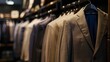 A close-up view of a selection of tailored suits hanging in a row, highlighting the fine textures and quality of the materials in a luxury menswear store.