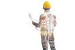 © Kwangmoozaa - Double exposure image of professional engineer in protective helmet and blueprints paper at building construction site