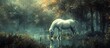 A fantasy mystical unicorn horse in the dark fairy forest scene. AI generated image