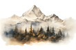 Watercolor landscape with mountains. Snowy mountains and the forest beneath them.