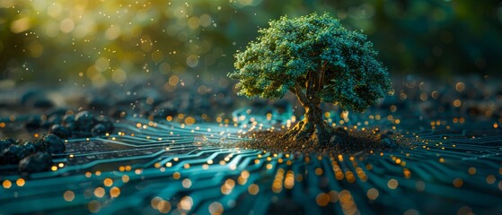 The converging point of a computer circuit board has a tree growing in the soil. A wireframe and blue light background evoke a green computing, green technology, and green IT concept. CSR and IT