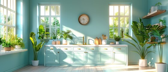 Fototapete - Interior of a blue kitchen with an island. A stylish kitchen with white countertops. A cozy kitchen with utensils and appliances. The working space of the kitchen. A 3D render. 3D illustration of a