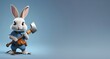 A bunny holding an axe, blue background, copy space