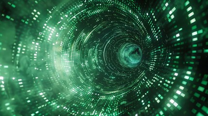A matrix background featuring a dynamic flow of green binary code through a circle gateway.