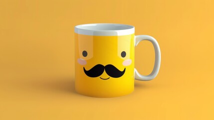 Wall Mural - cheerful yellow mug with a cute face and a large black mustache printed on it, set against a matching yellow background