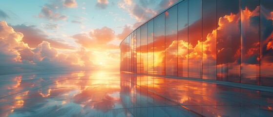 Poster - 3D rendering of cloud reflection in curved glass office building.