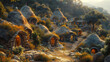 3d rendering of a magical hamlet with thatched stone cottages basked in the warm golden hour light