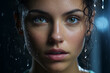 Portrait of a young woman with sweat droplets on her fresh face skin after gym. Close up