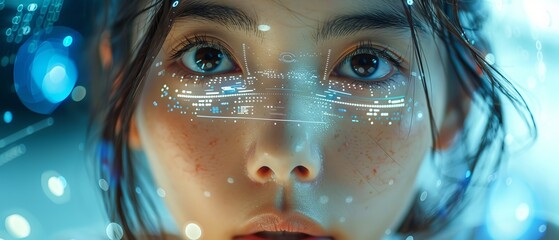 Aufkleber - A young Asian woman uses innovative future technology to view her phone data and functions in holographic display around her.