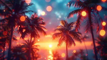 Poster - Tropical Palm Trees At Sunset - Vintage Tone And Bokeh Lights.