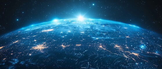 Poster - This image shows a planet Earth in the form of a starry sky or space, made up of points, lines, and shapes in the shape of planets, stars, and the universe. Earth  wireframe concept.