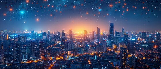 Aufkleber - Thailand night time wireless network and connection technology concept with Bangkok city background, panoramic view
