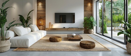 Poster - Three-dimensional rendering of a white living room with television and gold lamp.