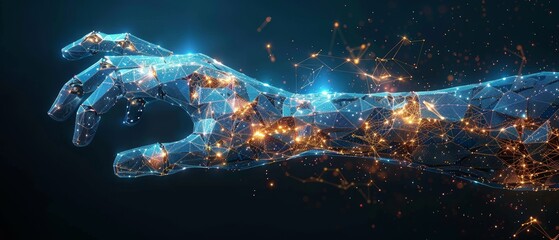 Poster - A low polygonal abstract health illustration depicts a robotic arm and hand. A low poly  illustration depicts a starry sky.  image in RGB color mode.