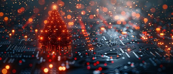 Poster - This is a template for New Year and Happy Christmas cards in the style of modern technology. Christmas tree, 2023 year, on a printed circuit board. Snowfall, snowflakes from the electronic pulses.