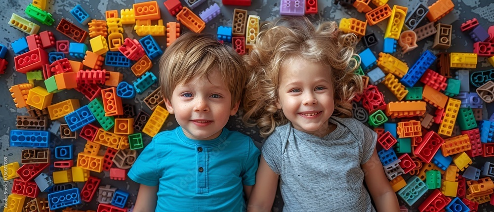 Playful preschoolers play with blocks made of colorful plastic ...