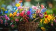 A close-up view of a basket filled with spring flowers, ready to be handed out during a May Day celebration, with the focus on the variety and brightness of the flowers