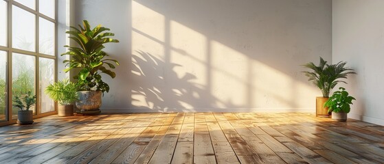 Aufkleber - This mock-up shows a white empty room with a wood laminate floor and a sunlit shadow on the wall. This is a perspective of minimal interior design represented in 3D.
