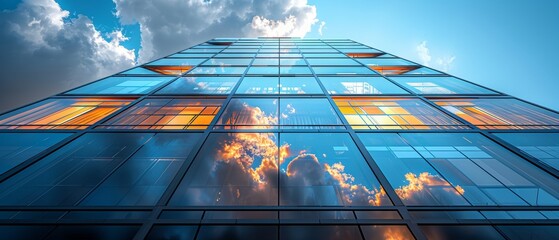 Fototapete - This is a three-dimensional rendering of the angle of the corner of a high rise building with a dark steel window system reflected in the glass. Business concept for future architecture.