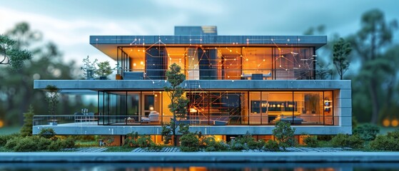Fototapete - Engineering of building construction, communication, electricity. Design of smart building programs. IOT AI. 3D architectural plans.