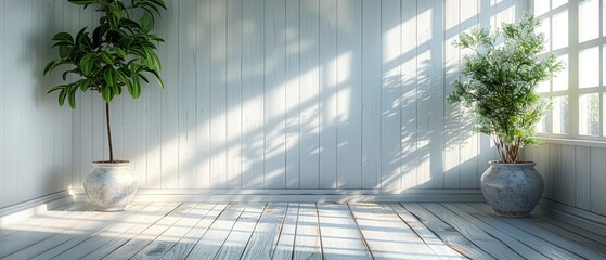 Wall Mural - A 3D stimulation of white room interiors and wood plank floors with sun light casting rhythmic shadows on the walls, a minimalistic architecture perspective