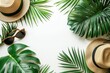 A flat lay of tropical palm leaves on a white background with blank space for text. A travel vacation concept. A summer background. A road frame set. Front view.