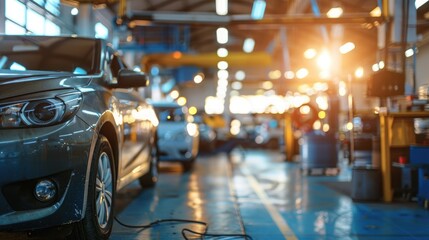 Interior of a car repair workshop with focus on bright ceiling lights and vehicle service equipment.