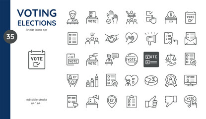 Elections Icons Set: Thin Linear Illustrations of Voting Processes, Election Rallies, Presidential Candidates, Voting Ballots, Ballot Boxes, Poll Voters, Mobile Voting Systems, Observation and Results