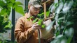 © tashechka - A man is standing in a greenhouse, closely inspecting a piece of paper in his hand