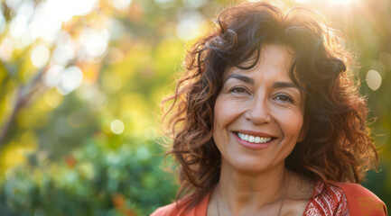 Wall Mural - Mature, woman and portrait of a female laughing in a park for peace, contentment and vitality. Happy, smiling and hispanic person radiating positivity outdoors for peace, happiness and exploration