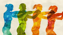 Four Vibrant Silhouettes Of Dancers In Mid-performance, Depicted In Blue, Green, Yellow, And Red Hues