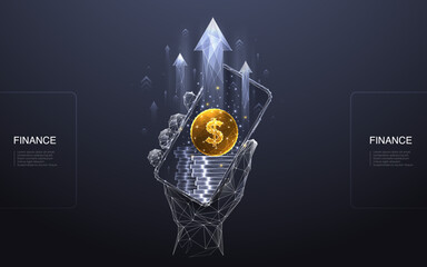 Aufkleber - Abstract hand-holding phone with a golden dollar coin, money stack, and arrows up on the mobile. Increase revenue concept. Stock market and finance background. Business technology vector illustration