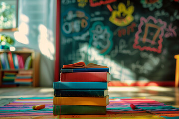 colored books stacked in front of a blackboard with drawings