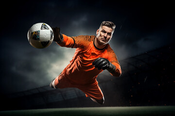 Wall Mural - A mens soccer football goalkeeper diving to save the ball in a dramatic action shot in saving the cross or penalty and denying the goal being scored in a dynamic stadium