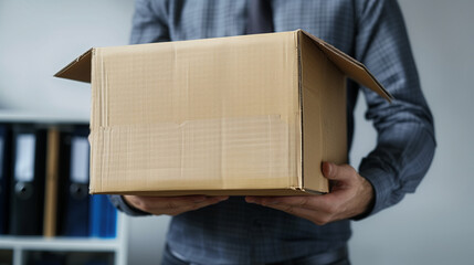 Businessman in his office with a cardboard box with his belongings after being fired