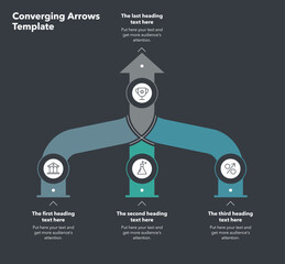Fototapete - Vertical template for converging arrows with three levels - dark version. Flat infographic design for website or data presentation.